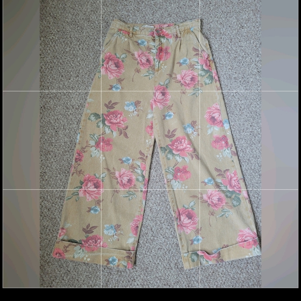 Anthropologie High-Rise Wide Leg Floral Jeans — Tan with Pink & Blue Flowers - Picture 7 of 10